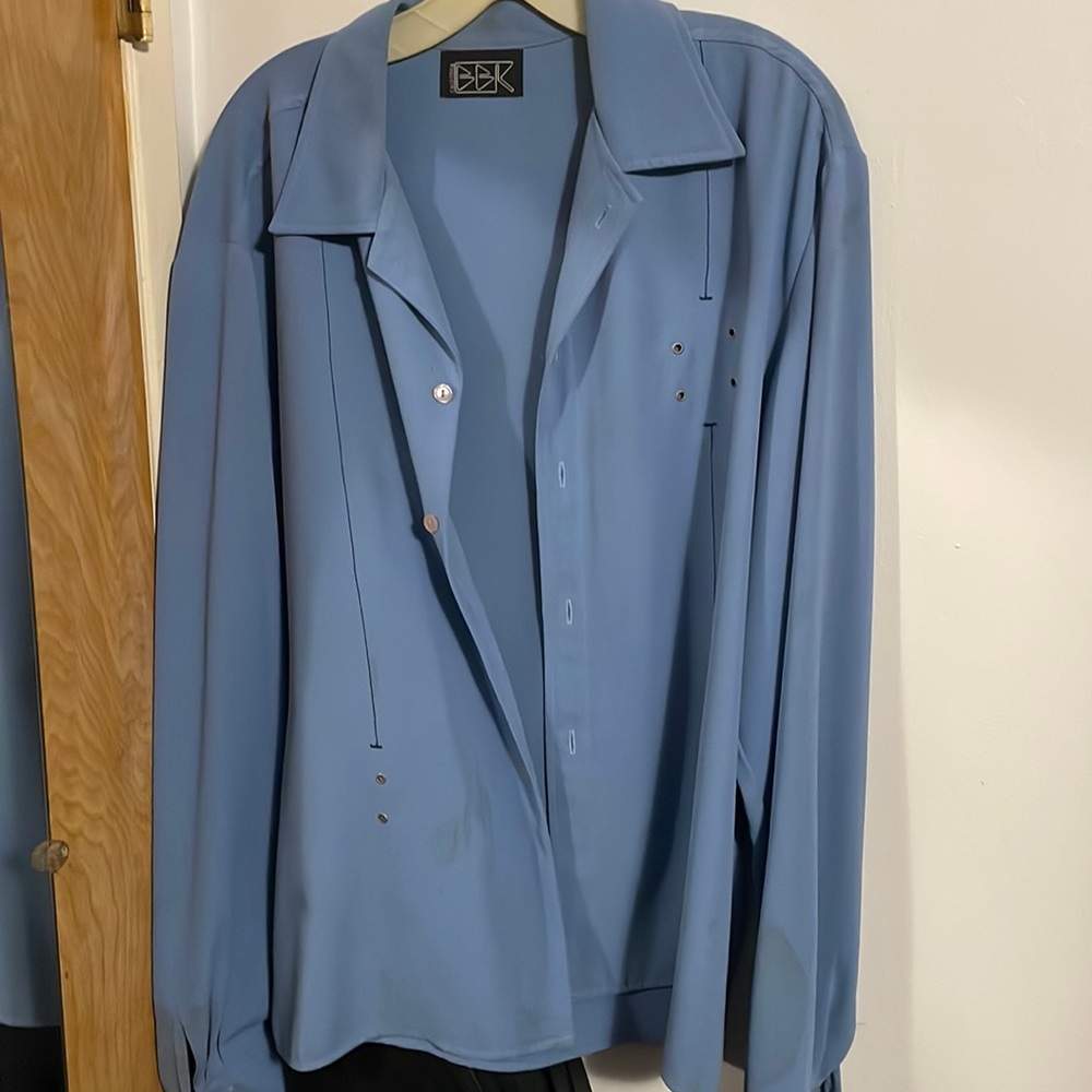 Used BBK party shirt w few small stains( can be dry cleaned) baby blue